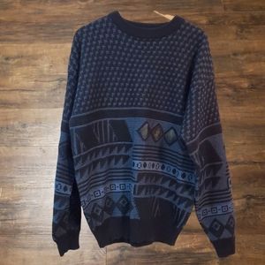 Vintage 90s Impact L Knit Sweater Black Blue Geometric Mens